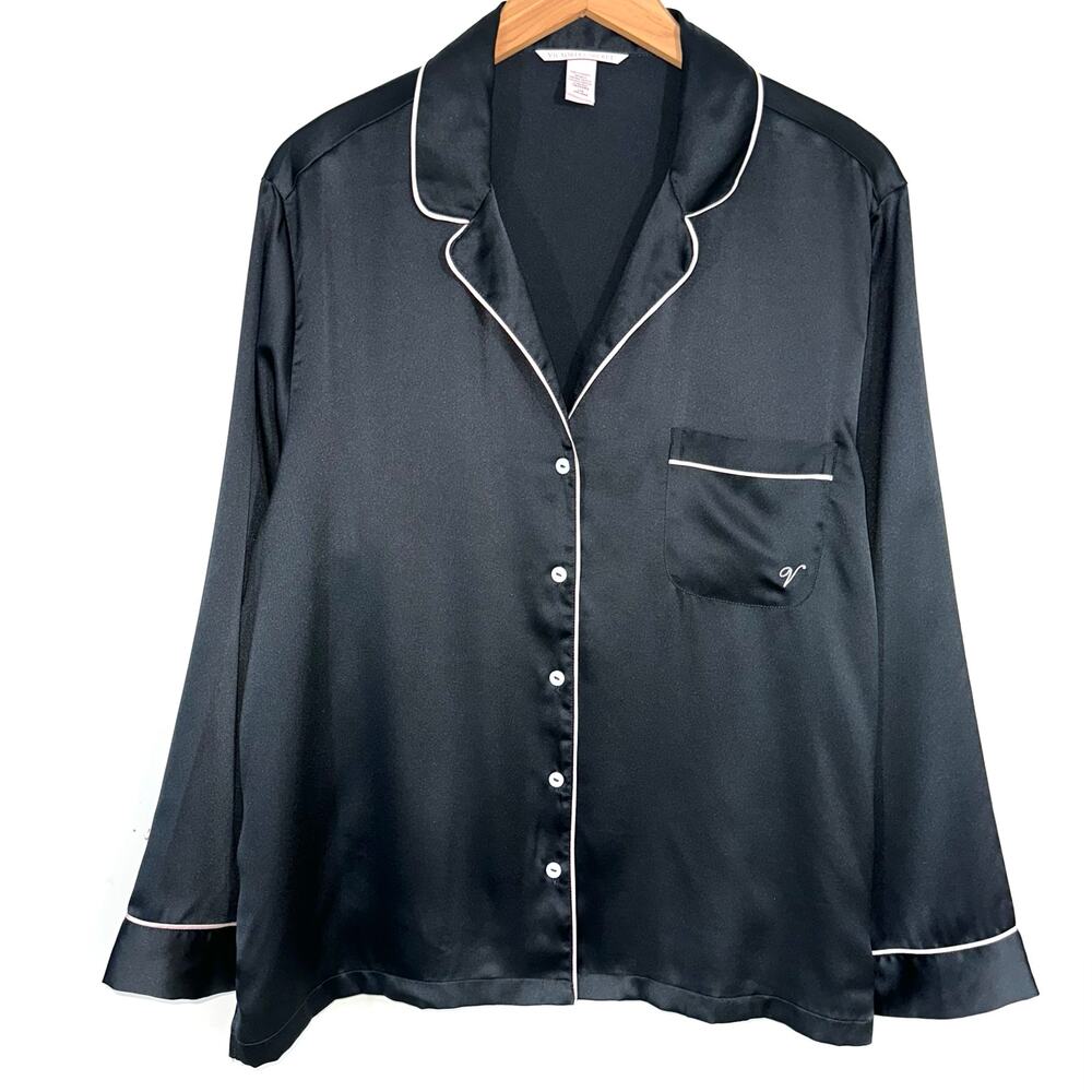 Victorias Secret Black Satin Long Sleeve Button Up Pajama Top Size Large